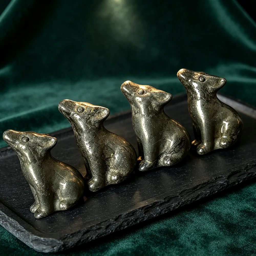 Natural Crystal Pyrite Wolf Figurine Hand Carved Mini Animal Statue Desktop Decor Collection Gift