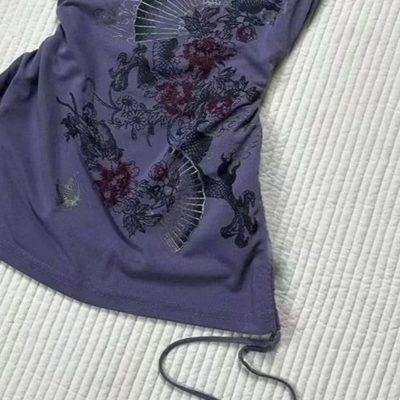 Chalecos subcultural Hottie Halter japonés de los años 2000 Y2k, camisola estampada púrpura, camisetas sin mangas Harajuku coreanas Kpop para mujer, Tops sexys Vintage