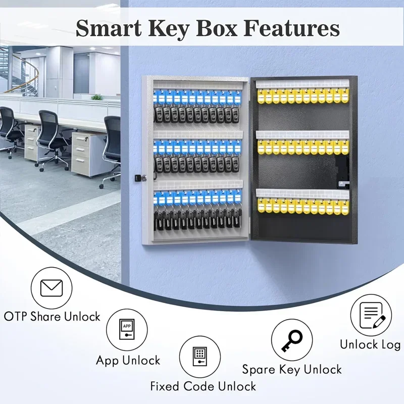 WeHere 72 Key Lock Box, Intelligent Wall Mounted Key Storage Cabinet,OTP/APP Bluetooth/fixed Code Unlocking Key Management Safe