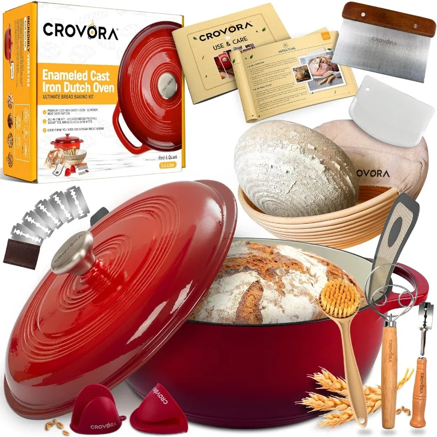 

6 QT Enameled Cast Iron Dutch Oven for Bread Baking with Lid Incl. Sourdough Bread Baking Supplies like Banneton Bread Proofing