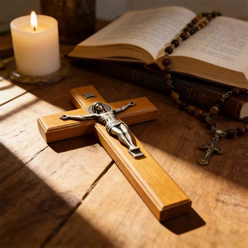 

Handcrafted Wooden Catholic Crucifix Wall Cross Pewter Jesus Corpus with INRI Plaque Premium Devotional Decor for Home & Church