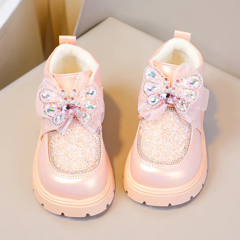 أطفال أحذية كاجوال حذاء من الجلد بولي Leather جلد كريستال الترتر أحذية الشتاء للفتيات الدافئة المضادة للانزلاق حذاء أسود بني حجم 26-36