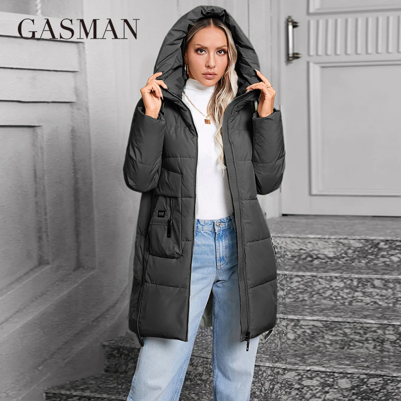 GASMAN 2024 Women Down Jacket Medium Classic zipper design Big Pocket Stand Collar Hooded Slim coat Women Parkas 83356