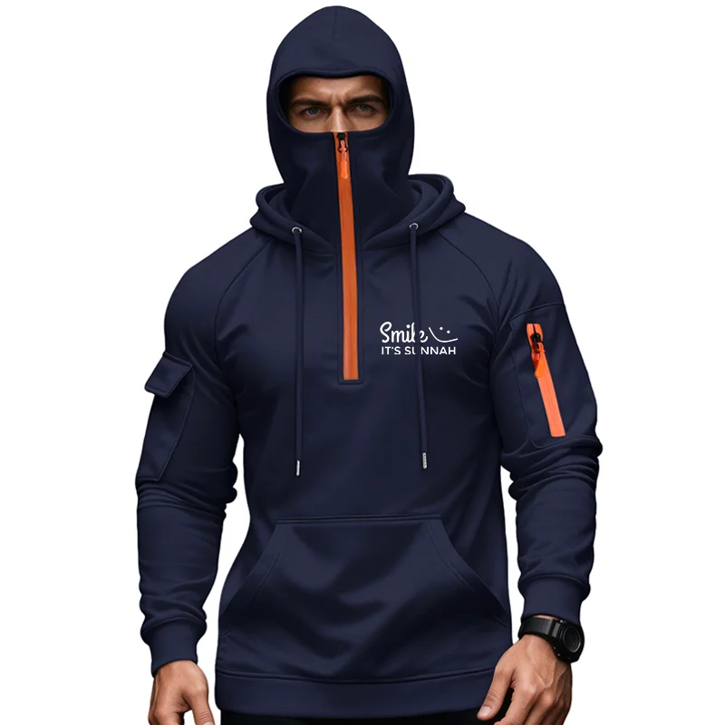 

Мужская толстовка с принтом улыбки и несколькими карманами, двойной капюшон с половиной молнии, осень-зима, уличная мода, повседневный спортивный пуловер, толстовки