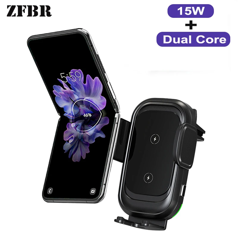

15W QI Wireless Charger Car Mobile Holder for Samsung galaxy z flip3 Dual Coil Auto Clamping Car Mount Fast Charger for iPhone