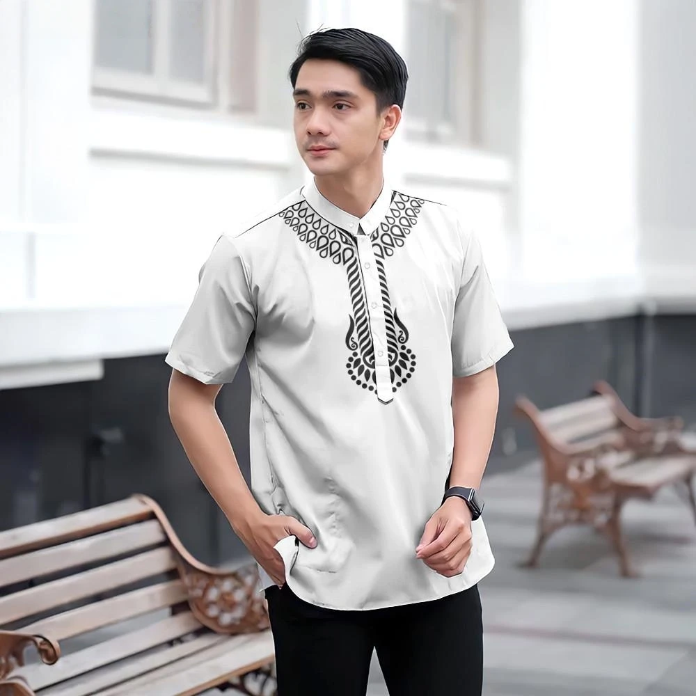 Camicia batik stampata con motivo etnico, camicia Raya musulmana da uomo, camicia batik casual a maniche corte Camicia cacao perfetta per la camicia da festa