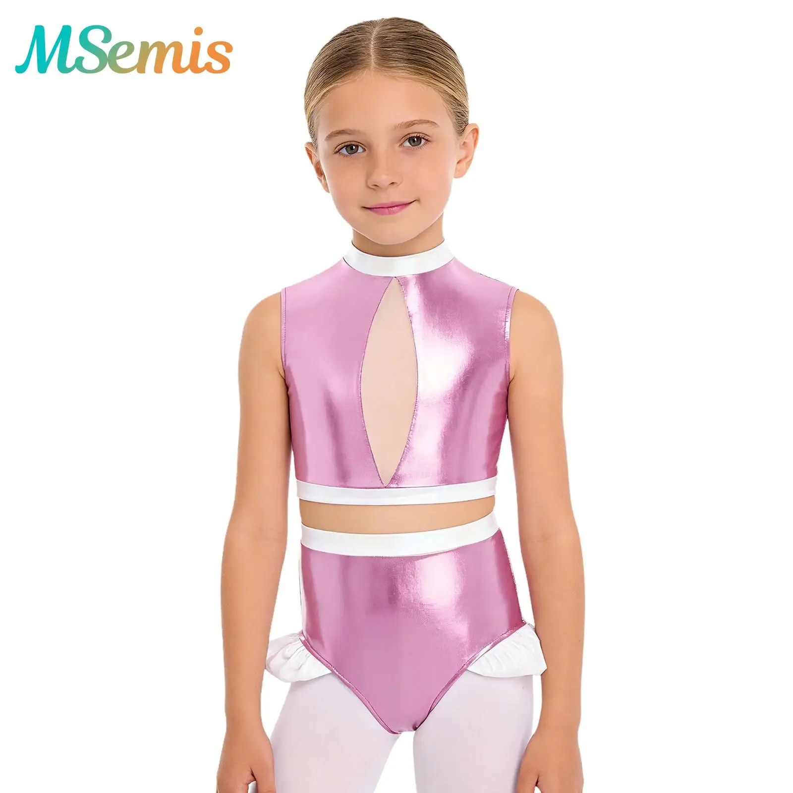 

Детский костюм для балета и танцев для девочек: гимнастический купальник, топ-кроп с невидимой молнией и металлическим эффектом, шорты с оборками