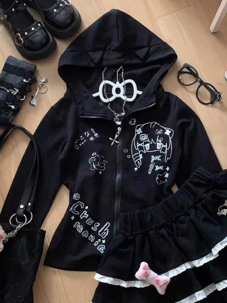 Autumn Cute Y2k Slim Long Sleeve Zipper Tops Women Hot Chick Chic Print Thin Hooded Coat Female Goth Design Solid Skinny Top New