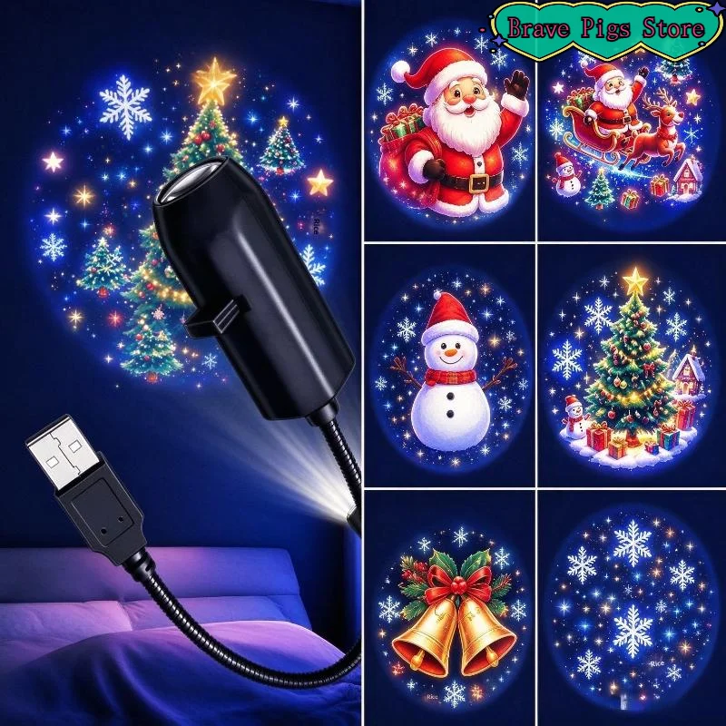 [HM]USB Christmas Projection Lamp 6 Xmas Patterns Flexible Gooseneck Projector Light Holiday Home Wall Decor[HM]