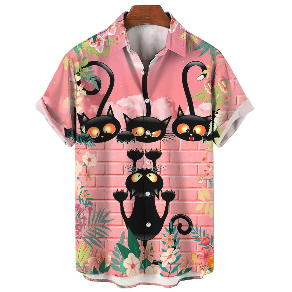 

2025 Fashion Hawaiian male cat print shirt, short sleeve, loose large shirt, abstract print, summer beach blouse,