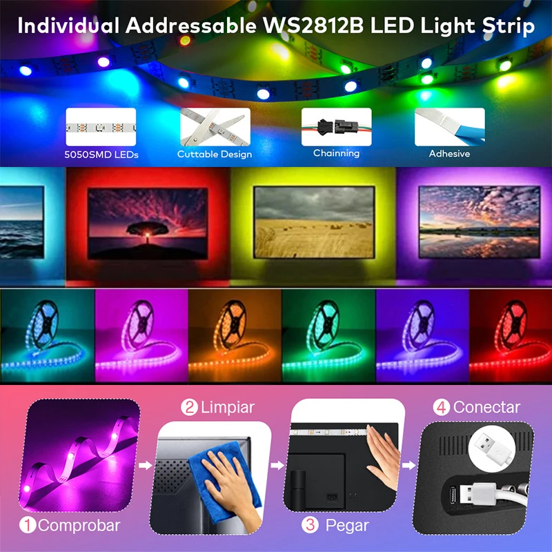 Taśma LED 10M USB 2835 RGB z Pilotem, Elastyczna Taśma Lampowa, Podświetlenie Ekranu TV, Biurka, Taśma Diodowa