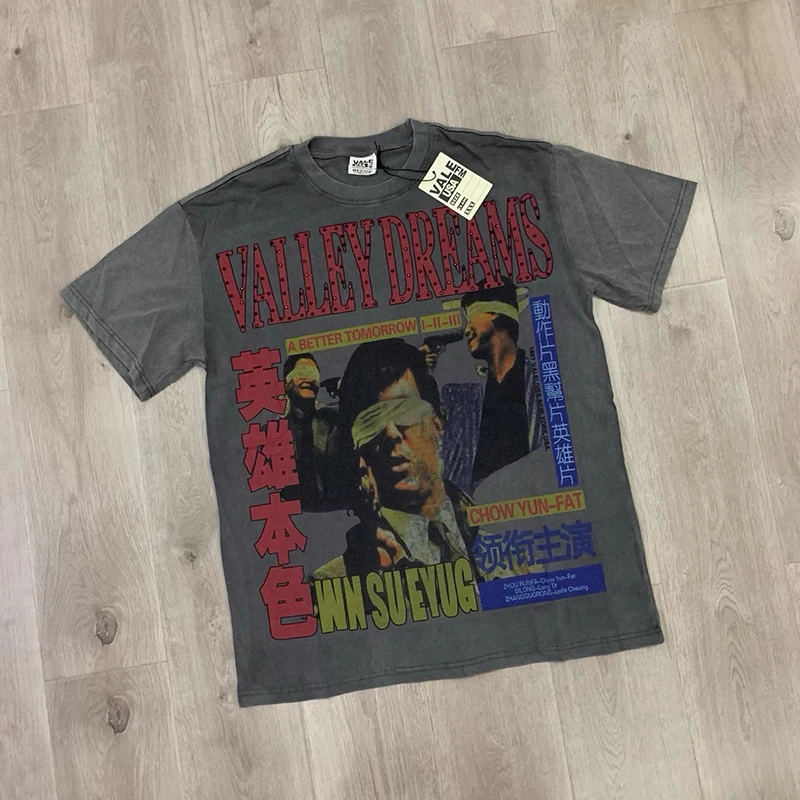 VALE الإصلاح حجر الراين تي شيرت أزياء نوعية جيدة غسلها اليد البالية الرجال النساء الصيف نمط النمط الأمريكي خمر المحملة