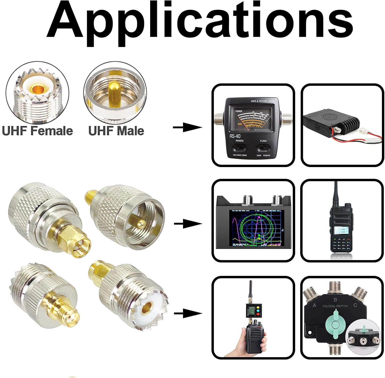 1pc SMA Zu UHF Adapter PL259 Männlich SO239 Buchse Auf SMA Weiblich Männlich Jack Stecker Gerade Radio RF stecker Konverter Messing Kupfer – Detail 2