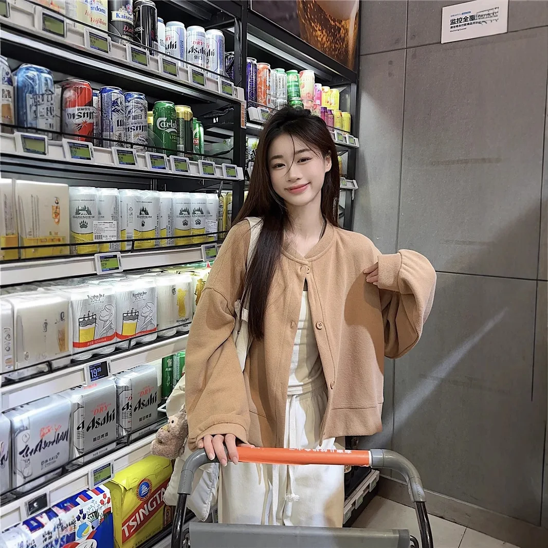 

Baseball Jackets Girls Yellow Womens Autumn Warm Unique Fleeced Buttons Decoration Silhouette Lace-Up Protective Gradient Ladies