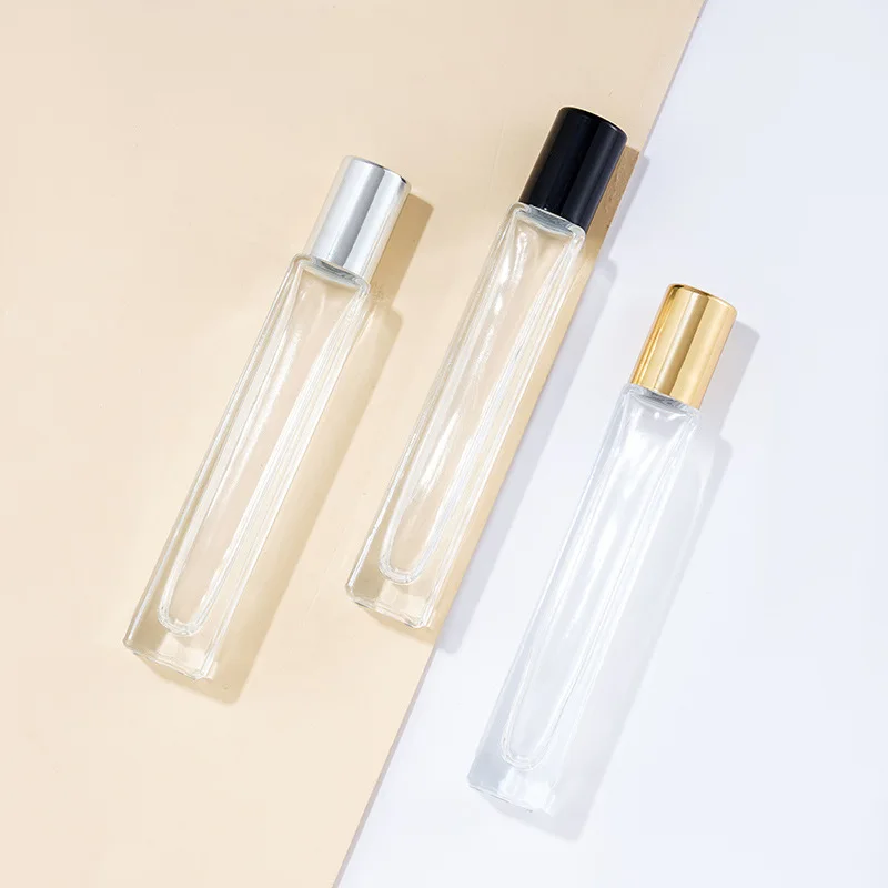 10ml Thick Clear Glass Perfume Bottle Square Round Refillable Perfume Spray Atomizer Bottle with Black Gold Silver Lid