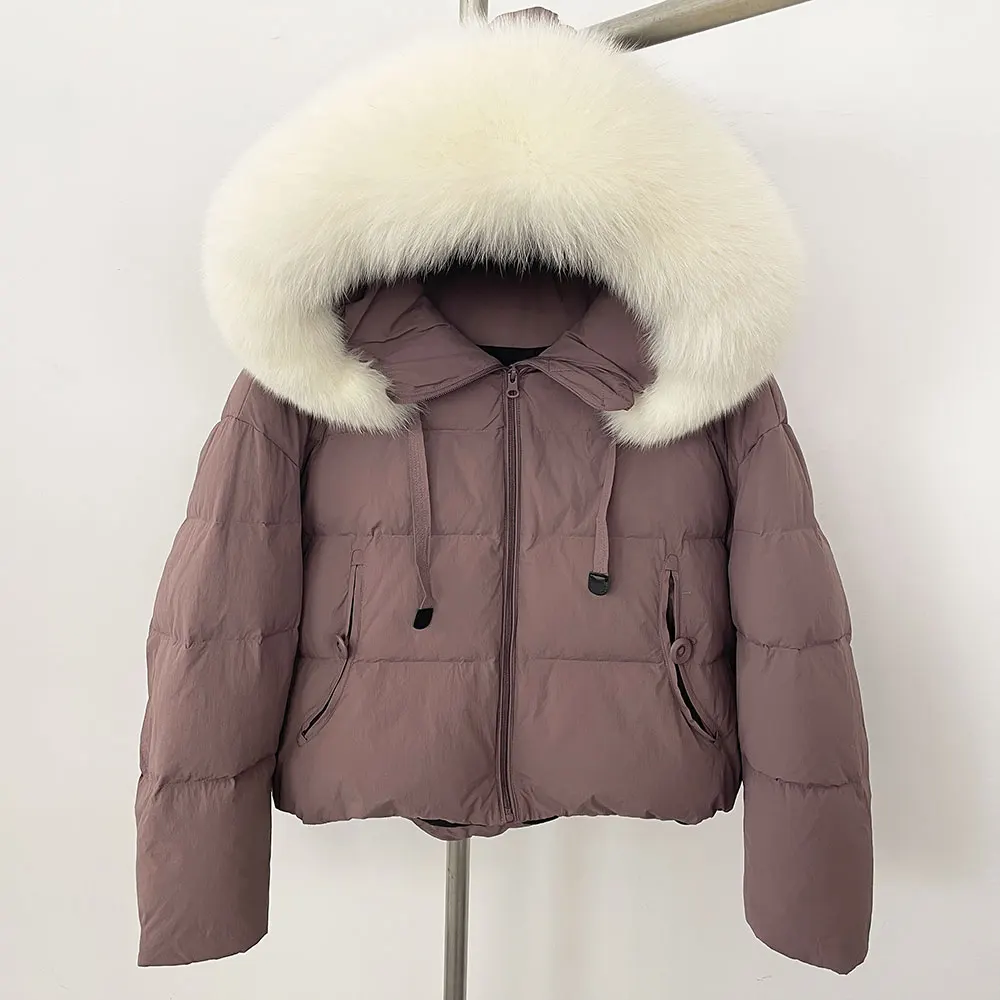

White Duck Down Coat Hooded Natural Raccoon Fur New Autumn Winter Short Puffer Jacket Women Real Fox Fur Jacket Clothing Lady