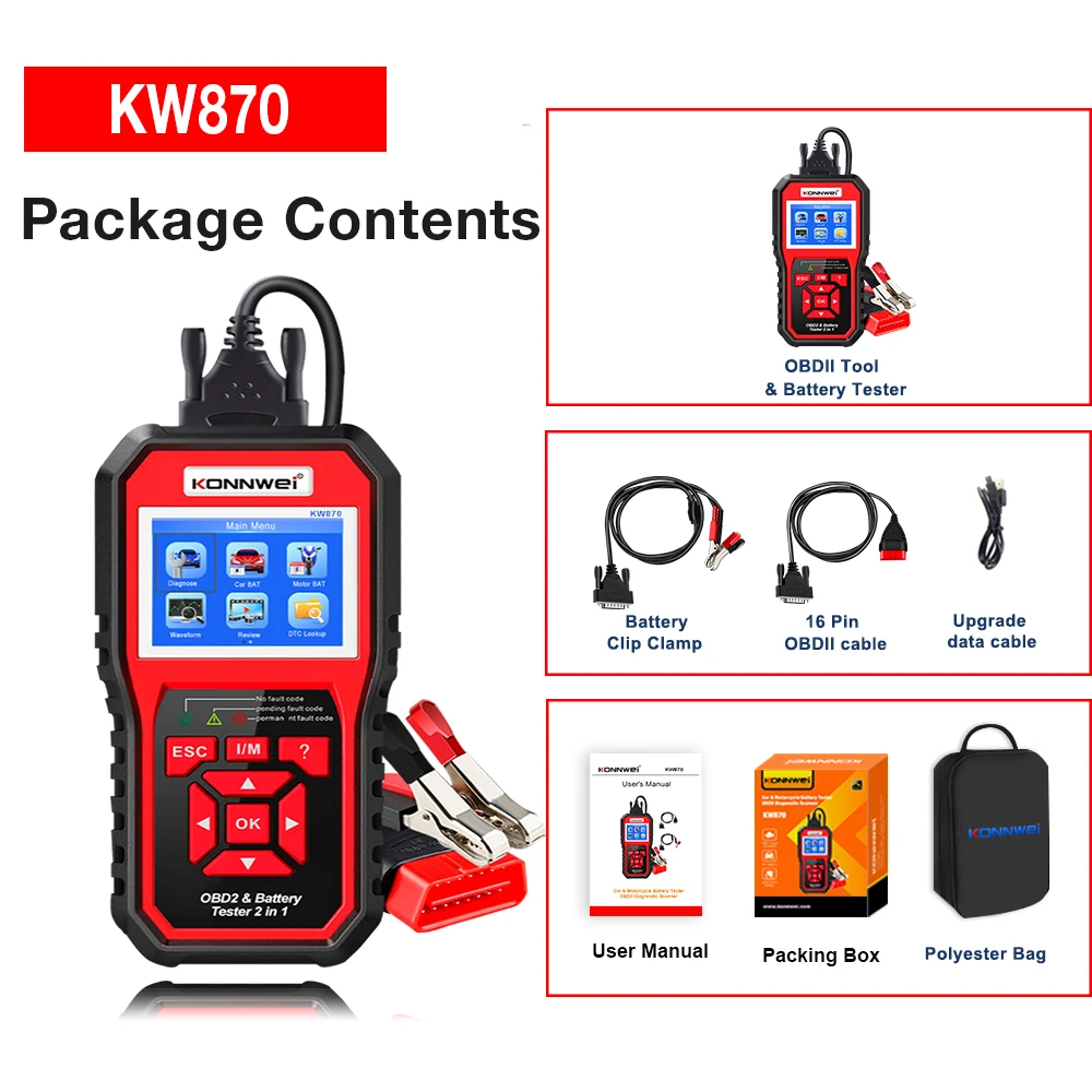 Car OBD2 KONNWEI KW870 Diagnostic Tools Car Code OBD Scanner Plus Battery Tester For OBDII Auto