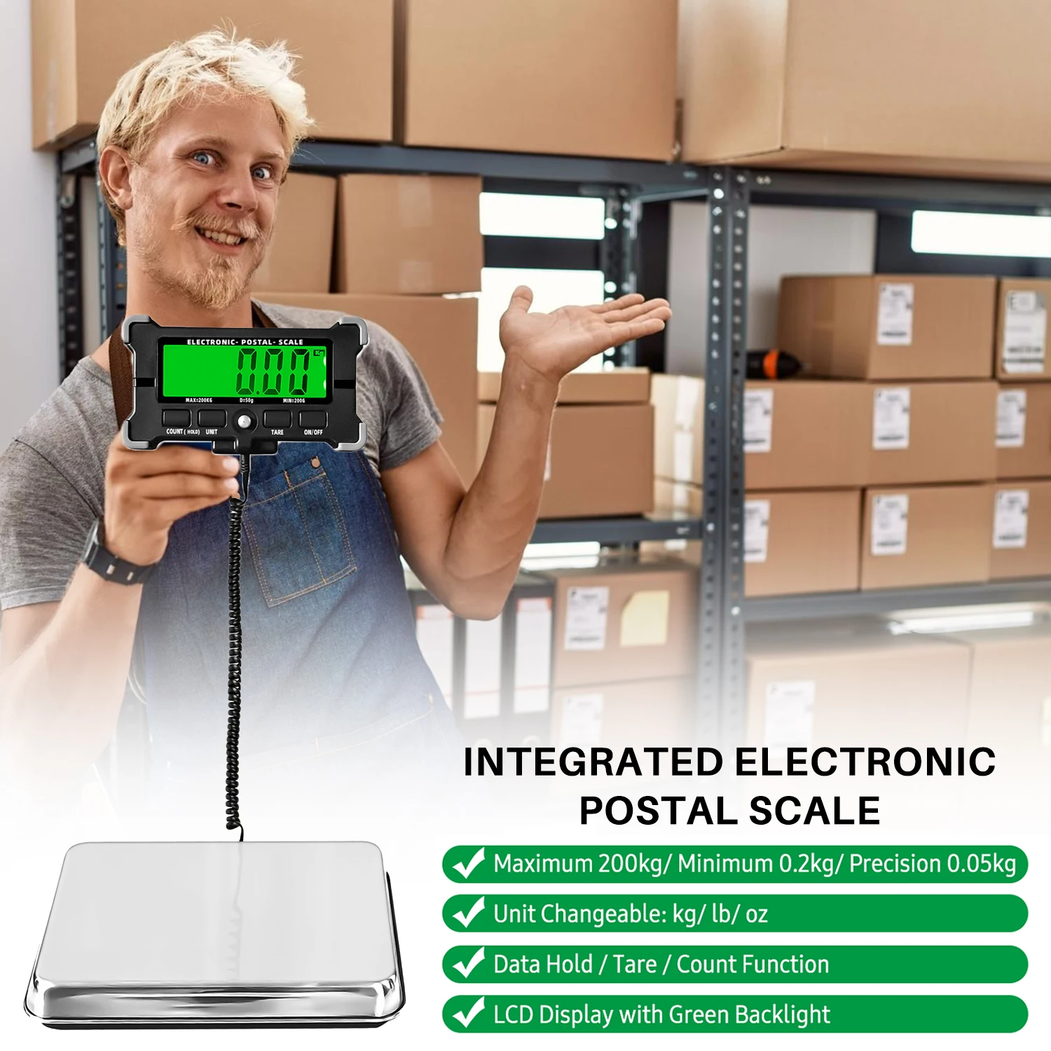 Digital Scale 200KG Electronic Postal Scale Stainless Steel Floor Scale LCD Backlight Display Package Weighing Shipping Scale