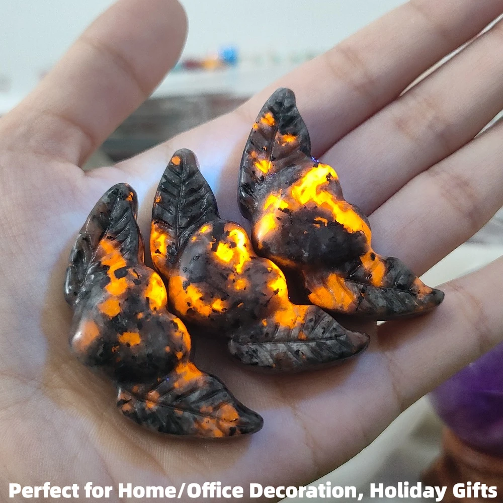 Natural Yooperlite Heart Wings Sculpture UV Light Glowing Stone Carving Ornament for Home Office Decoration Creative Gift