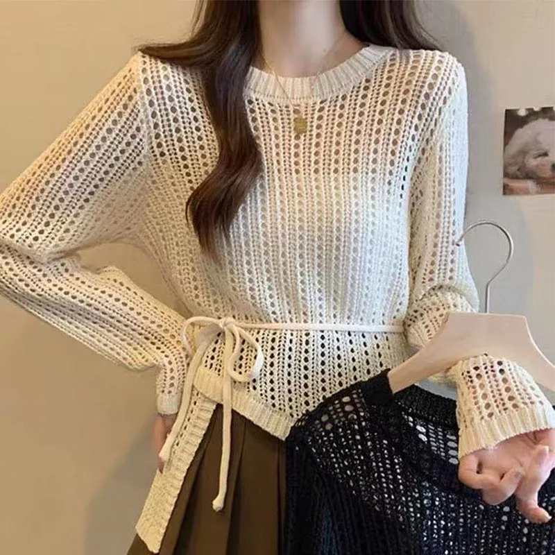 Summer New Hollow Long-Sleeved Sweater Women's Thin Waist Slim Sunscreen Blouse Irregular Loose Top