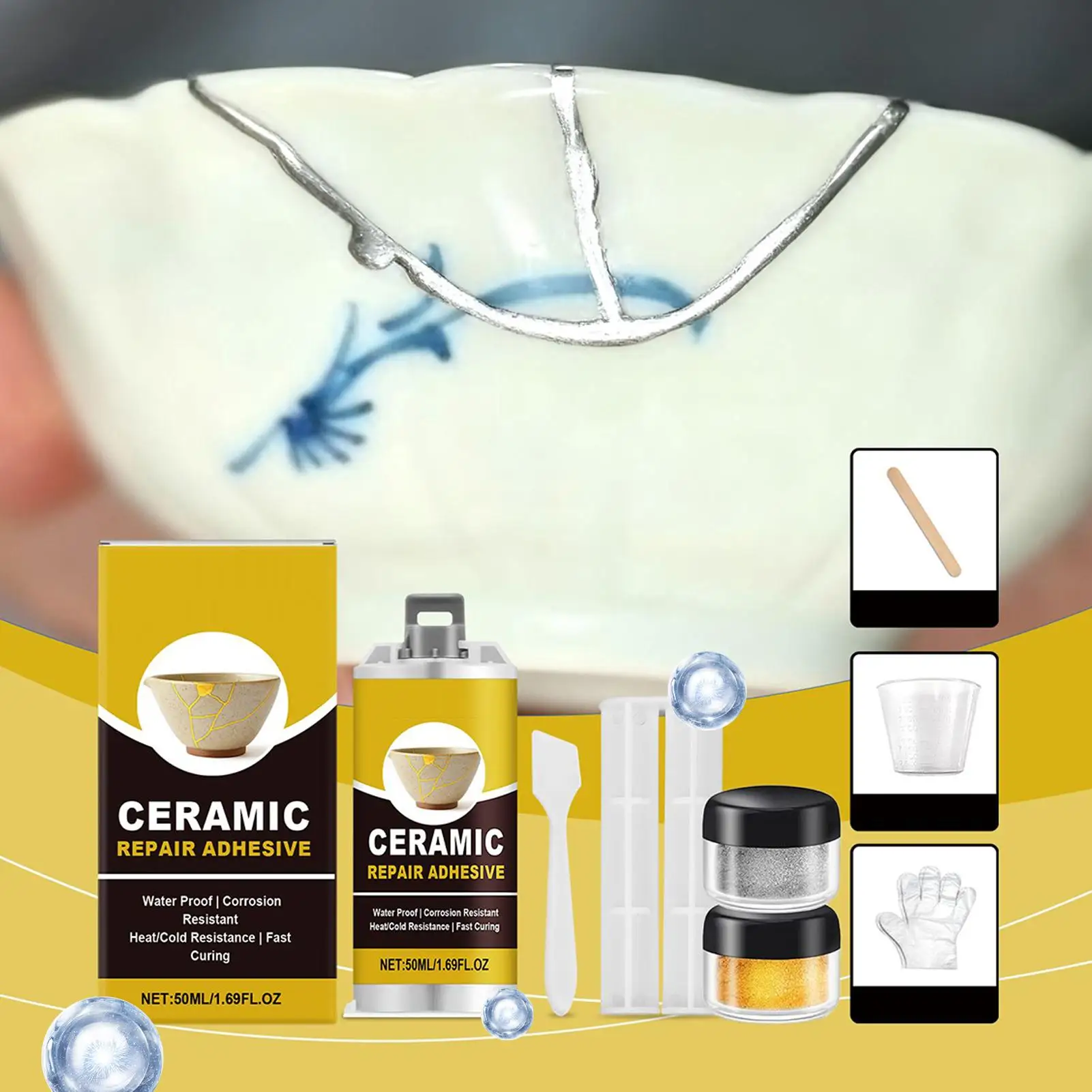 Gold Glue For Ceramics Glass Sculptures Repair Gold Adhesive Food Safe For Bathtub Vanity Plate Art Craft Figurines