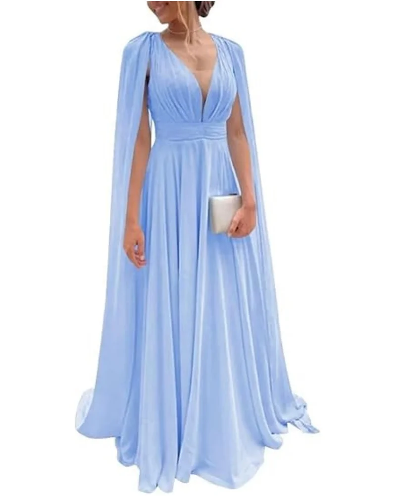 TSxuelian Floor Length Mother of Bride Women\'s Long Bridesmaid Dresses with Sleeves Pleated Chiffon V-Neck Formal Evening Dress