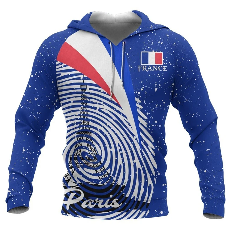 2025 Fashion France Flag Print Hoodie Street Outdoor Casual Men's Clothing Hooded Coat Print Eiffel Tower Cock Pattern Hoodies