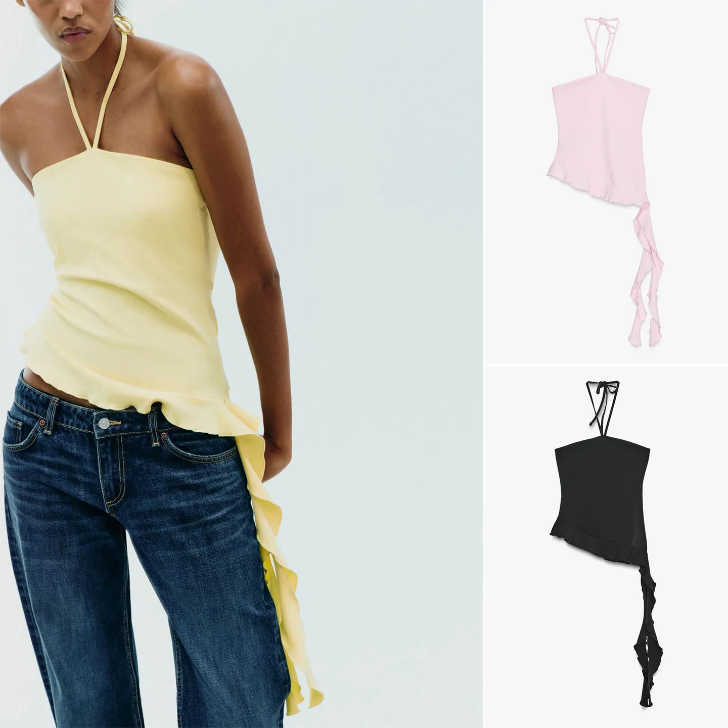 

New Summer Women's Top Ne Hanging oulder Exposure Knot Decorative Texture ort Polyester Fiber Outerwear