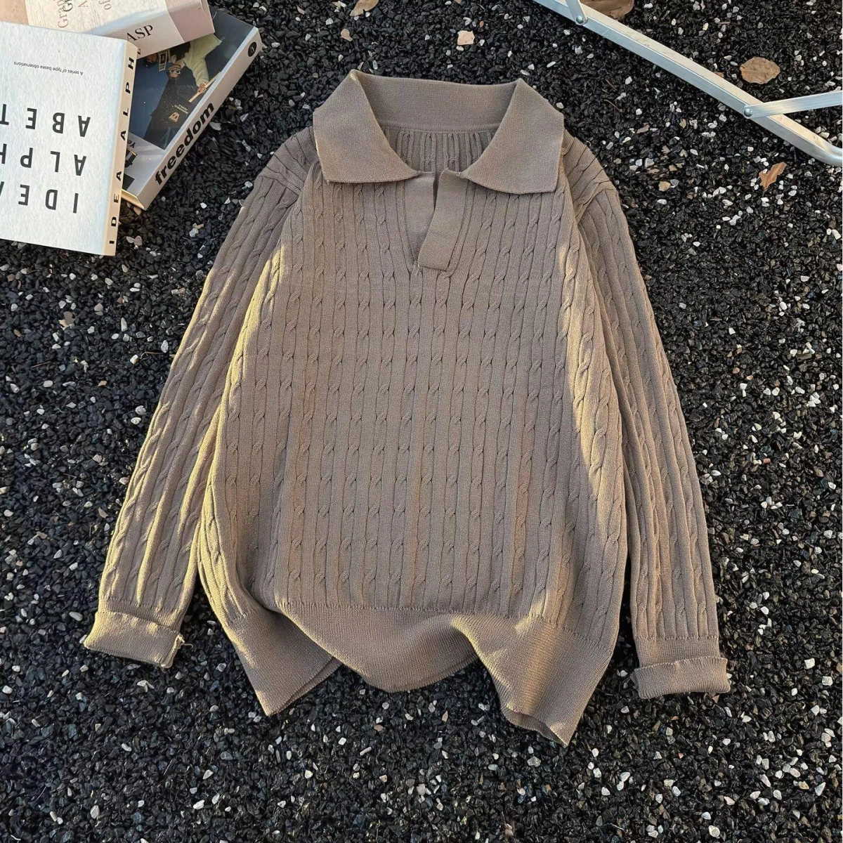 

American Retro Twisted Knit irt Men's Women's Autumn Korean Sle Matching Turn-down Collar Knitted Jaet