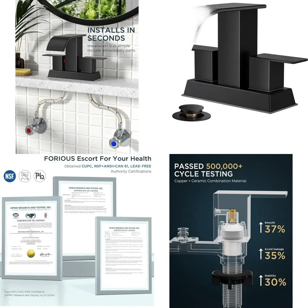 

Матовый черный смеситель для ванной комнаты с 4 центральными изливом-водопадом, металлическим выдвижным сливом и линиями подачи для квадратных раковин с 2 или 3 отверстиями