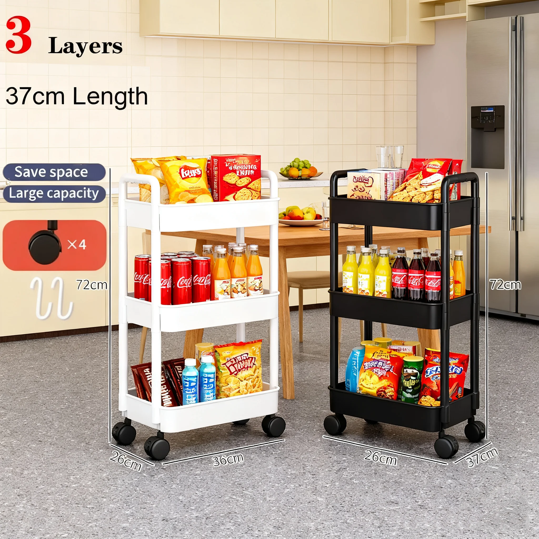 3 Tier Durable Rolling Trolley Multi-storey Cart Storage Shelf Movable Gap Storage Rack Kitchen Bathroom Slim Slide Organizer