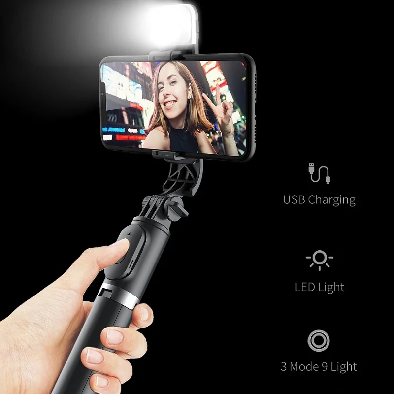 Portable Wireless Bluetooth Selfie Stick with Fill Light Foldable mini Tripod for for Cell Smart phone for IPhone Samsung Huawei