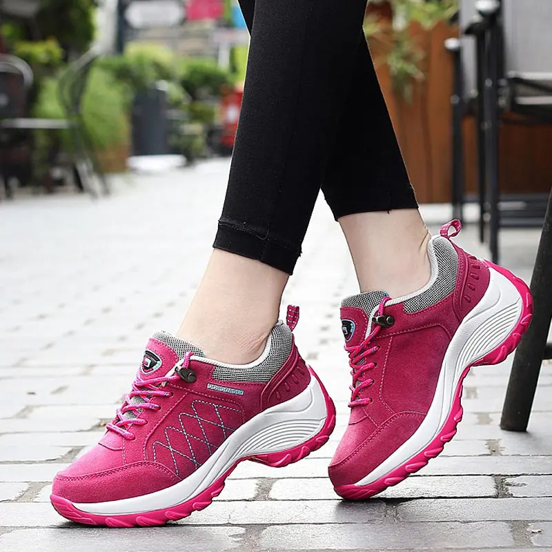 Women's sports shoes, casual lace up thick soled women's shoes, slope heels, anti slip running shoes, camping and hiking shoes