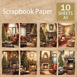 10 Sheets A5 Size Christmas Window Fireplace Study Bookshelf Candle Ligh Background Vintage Grunge Journal Planning Scrapbooking