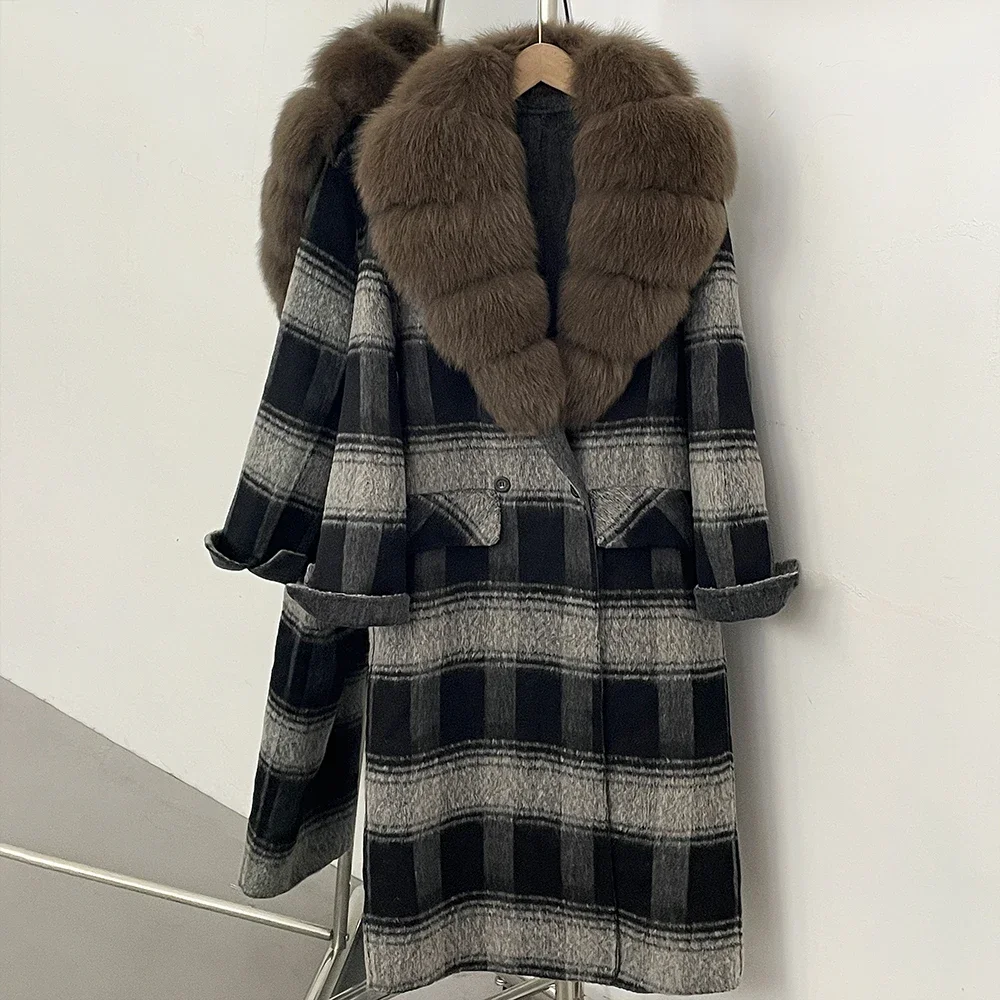 OFTBUY Neue warme Winteroberbekleidung für Damen, mittellanger 100% Wollmantel, Damenjacke mit echtem Fuchspelzkragen, Vintage-Karo-Wolljacke – Detail 17