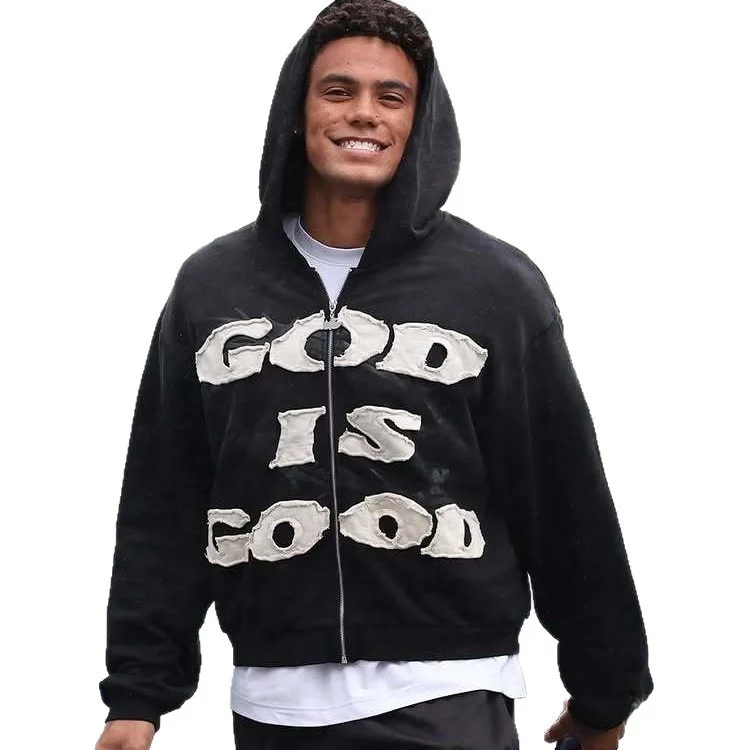 Bluza streetwear hip-hop z haftem God Is Good, szydełkowana, zapinana na zamek, luźny krój, dla par, casualowa bluza z kapturem.