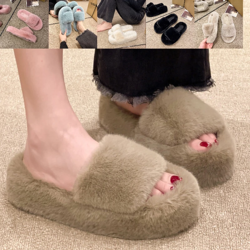 Women Furry Cute Fluffy Home Slippers Sabot Platform Hairy Plush Middle heel Fur Flat Shoe Light Soft Winter Casual Comfortable