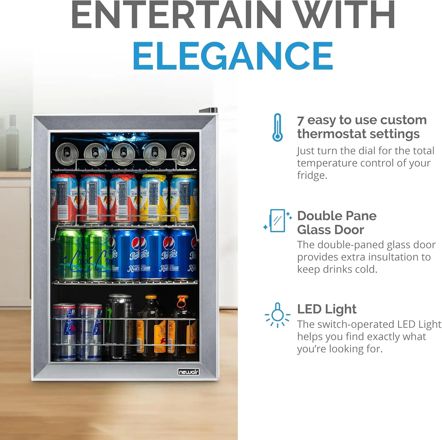 Refrigerator Cooler, 90 Can Capacity Fridge in Stainless Steel, Adjustable Shelves and Glass Door, Small Refrige