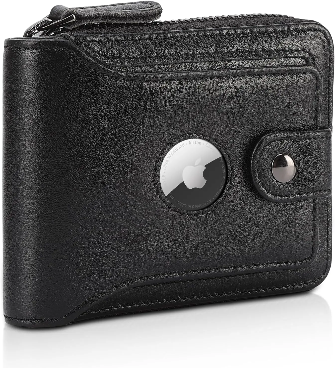 

Мужской кожаный кошелек с защитой от RFID, отделением для AirTag, карманом для монет на молнии YKK, складной конструкции (черный)
