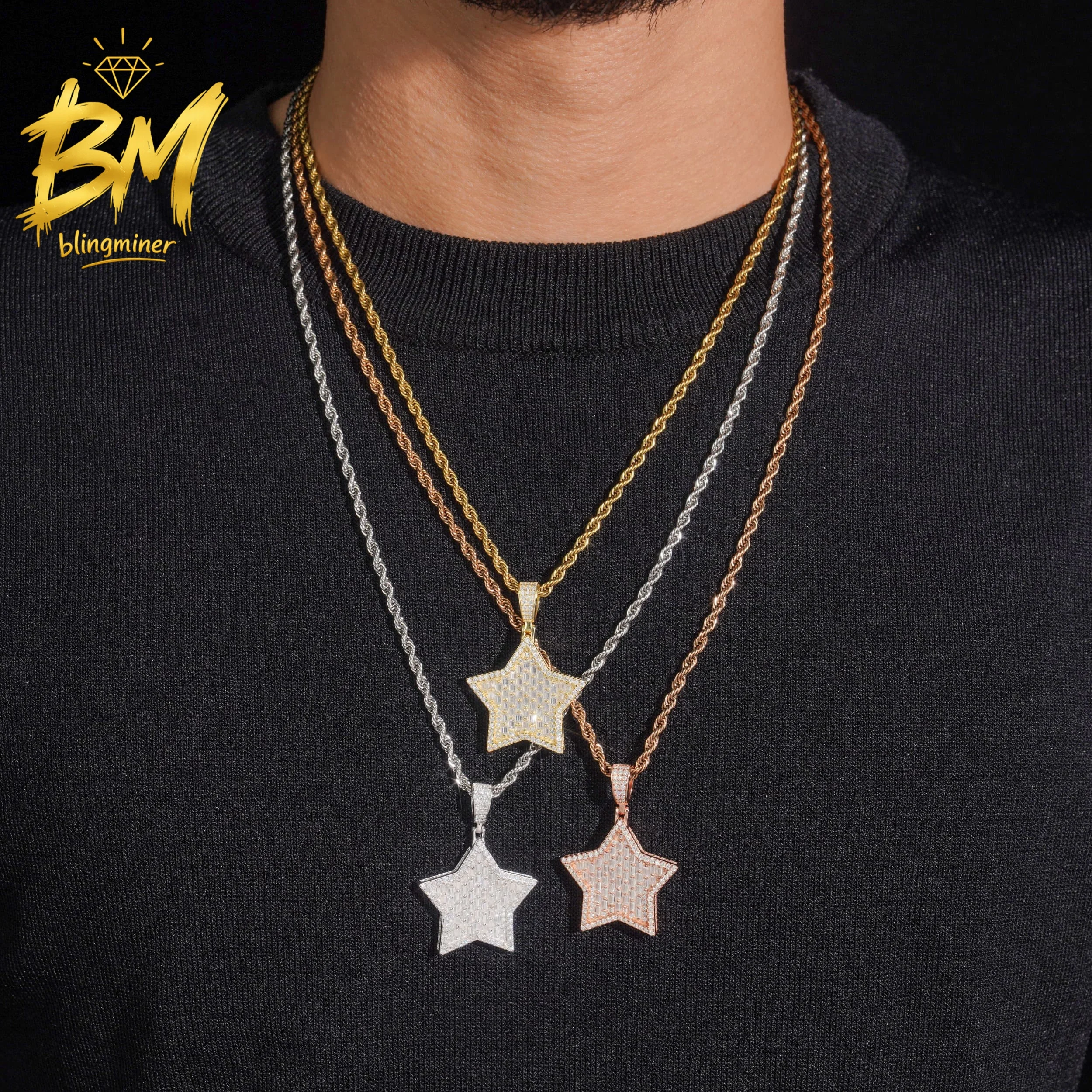 Blingminer New Arrival Iced Out Star VVS Moissanite Pendant For Men Women S925 Silver Pendants Jewelry Pass Diamonds Tester GRA