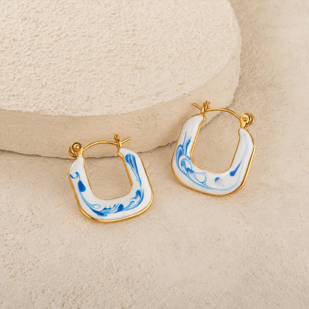 Vintage Blue and White Porcelain U Shape Hoop Earrings for Women Stainless Steel Oil Drip Geometric Huggies Jewelry Gifts