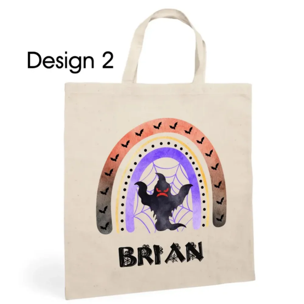حقيبة حمل مخصصة للهالوين - حقائب خدعة أو علاج مخصصة، إكسسوارات تحمل اسمًا للأطفال بتصميم خفاش قطني مخيف