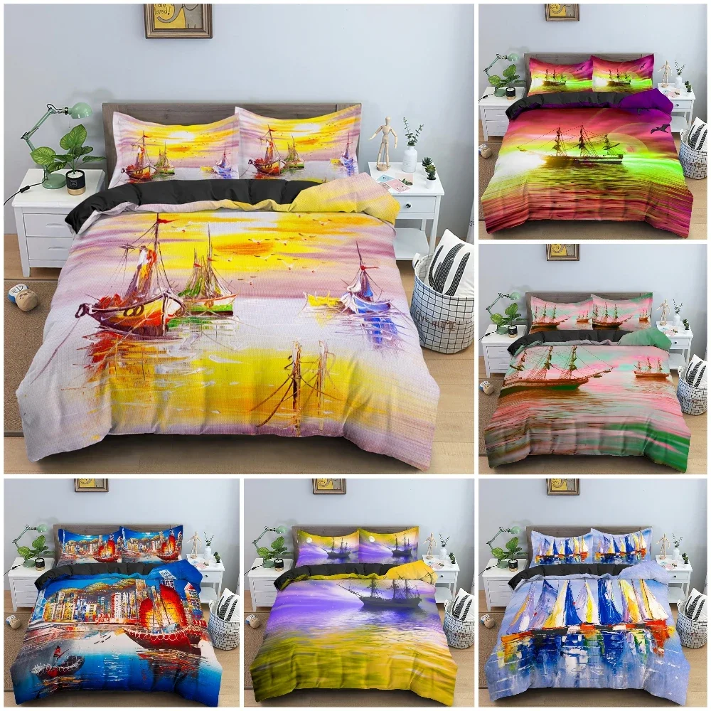 

Watercolor Sailboat Bedding Set Bedclothes King Queen Twin Duvet Cover Set With Pillowcase 3D Luxury Quilt Covers 2/3Pcs