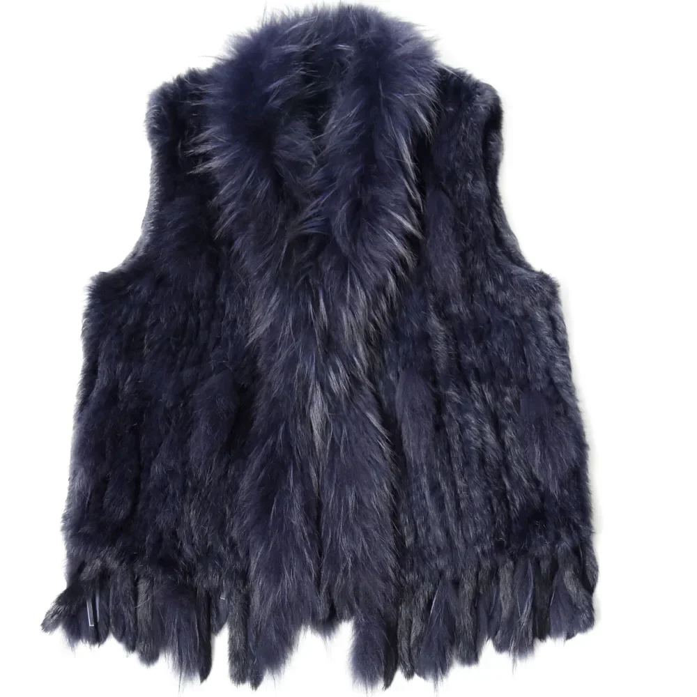 Hot Sell Elegant Design Raccoon Rabbit Fur Knit Sweater Fur Women Fur Vest with Tassel