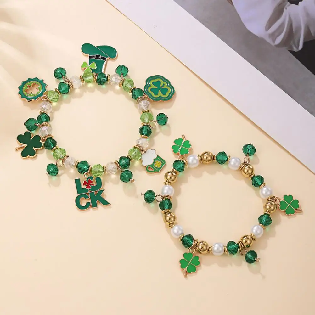 Shamrock Bracelet St Patricks Day Irish Beaded Jewelry with Glass Beads And Charms Lucky Elastic Clover Bracelet