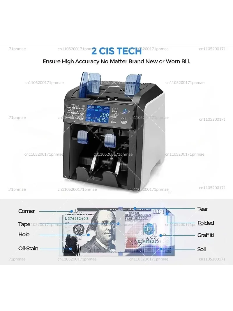 Dual CIS Sensors Banknote Sorter with Fitness Detection Mixed Value Money Counterfeit Detection System for Currency Sorting