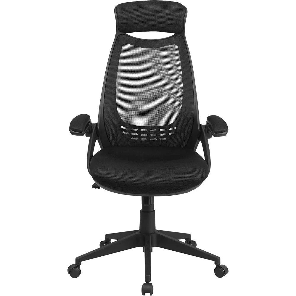 كرسي مكتب دوار تنفيذي شبكي أسود عالي الظهر من EMMA + OLIVER مع أذرع قابلة للطي