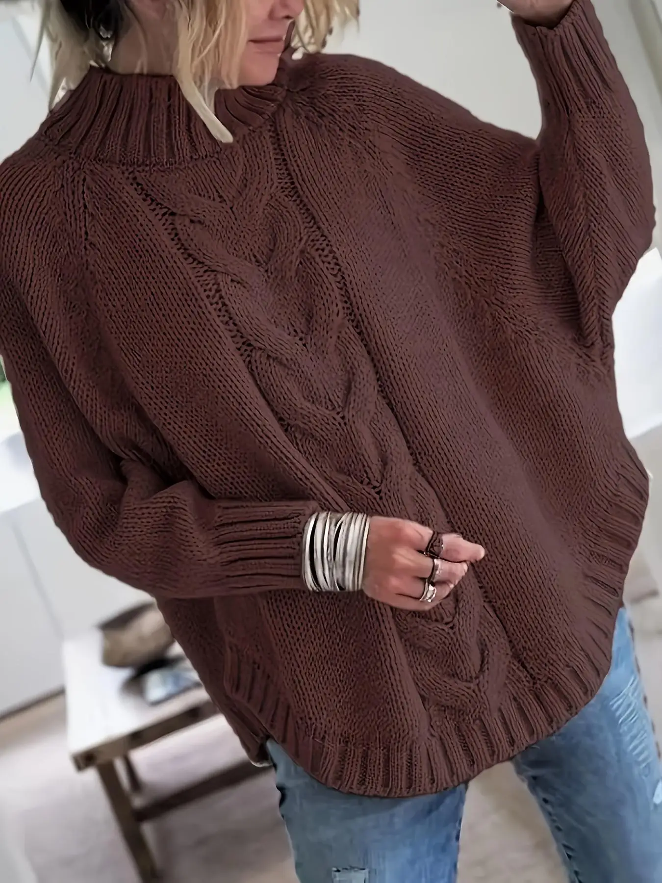 Damen Übergröße Lässiger Pullover mit Fledermausärmeln (Herbst/Winter) – Detail 11
