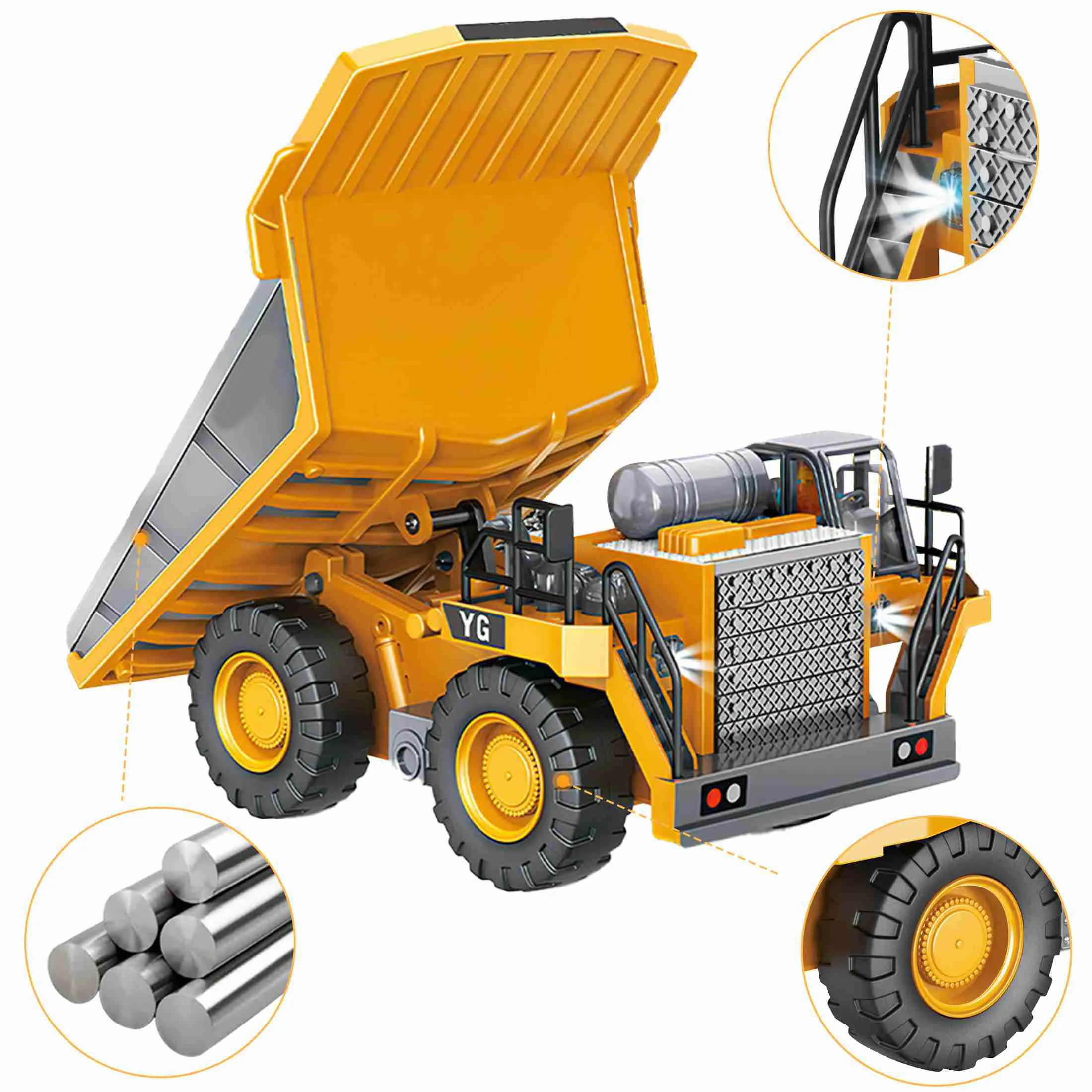 Caminhão basculante de 9 canais Amarelo Bateria dupla Caminhão basculante de controle remoto com som leve para presente Caminhão basculante RC com luz