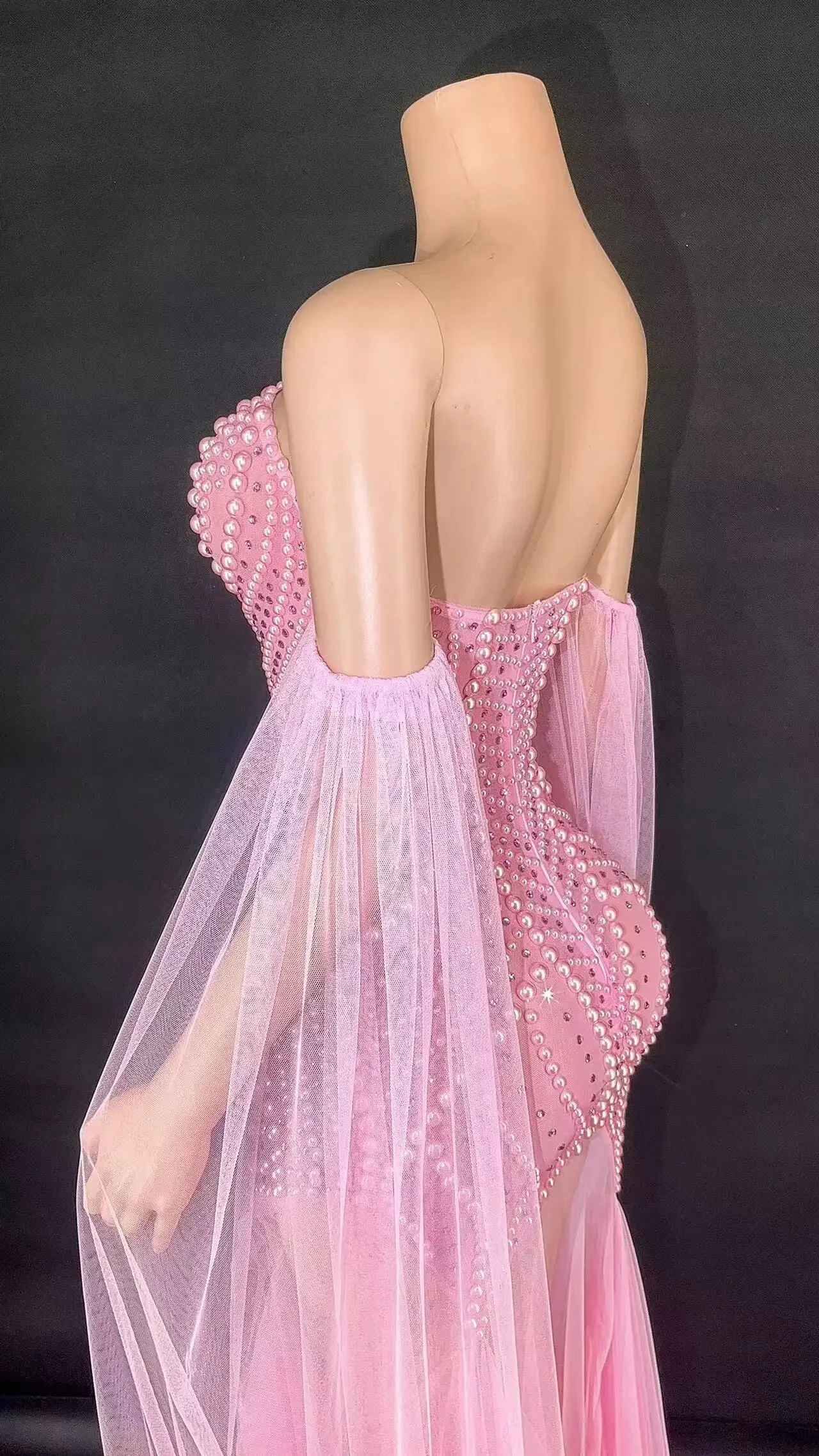 Robe de Soirée Transparente Sexy Sans Bretelles avec Perles, Tenue de Scène, Costume de Spectacle, de Bal, de Discothèque, de Bar, d'Anniversaire, de Chanteur